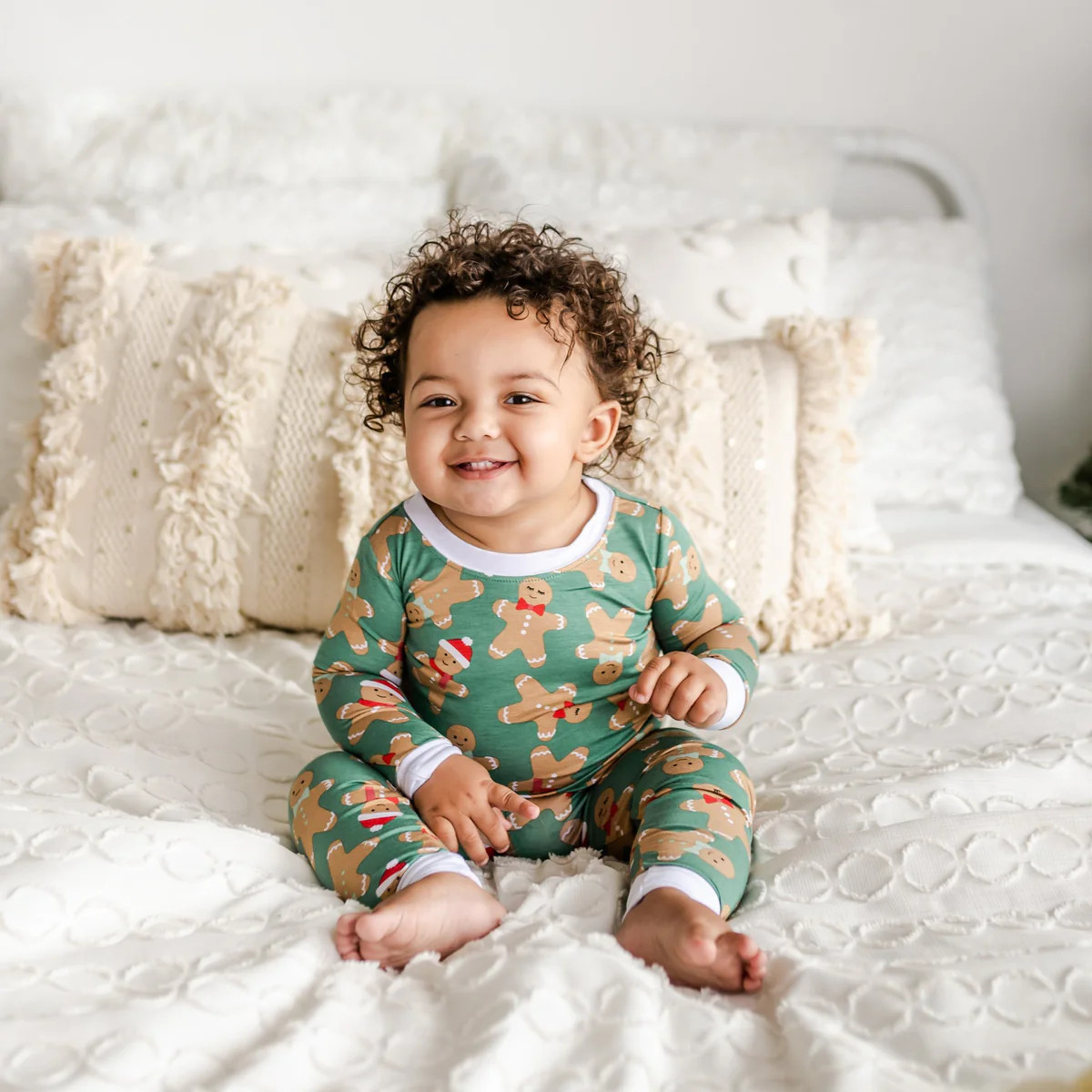 Green Gingerbread Two-Piece Bamboo Viscose Pajama Set | Little Sleepies