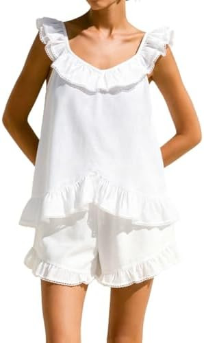 Womens Ruffle Pajama Sets Summer Ruffle Top and Shorts Set Cotton 2 Piece Set | Amazon (US)