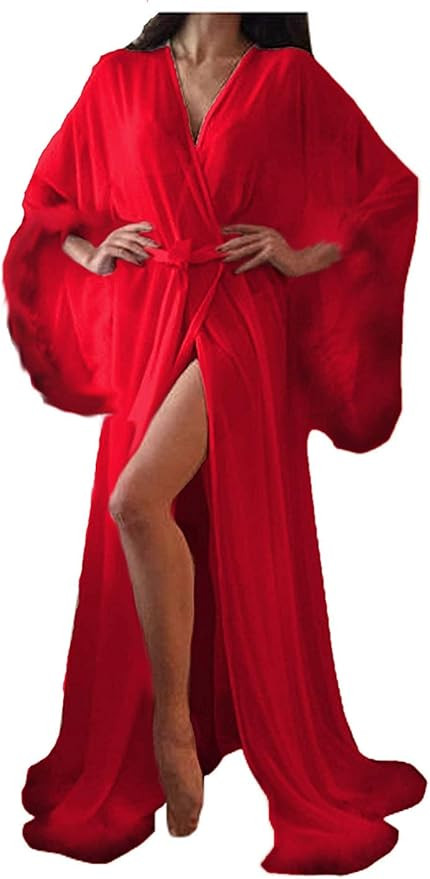 Women Sexy Feathers Collar Perspective Sheer Long Lingerie Robe Nightgown Bathrobe Pajamas Sleepw... | Amazon (US)