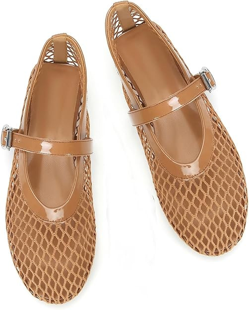 DOEYG Mesh Ballet Flats for Women Buckle Strap Comfy Casual Office Fishnet Ballerina Flat Shoes | Amazon (US)