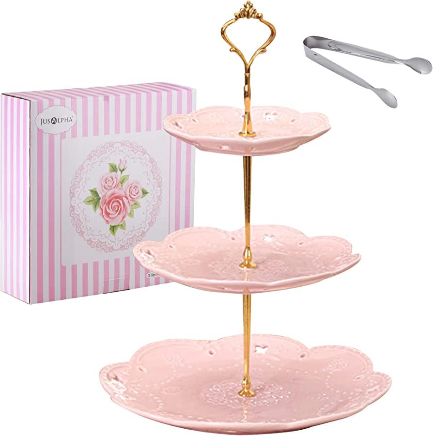 Jusalpha 3-Tier Pink Porcelain Cake Stand/Cupcake Stand/Dessert Stand/Tea Party Pastry Serving Pl... | Amazon (US)