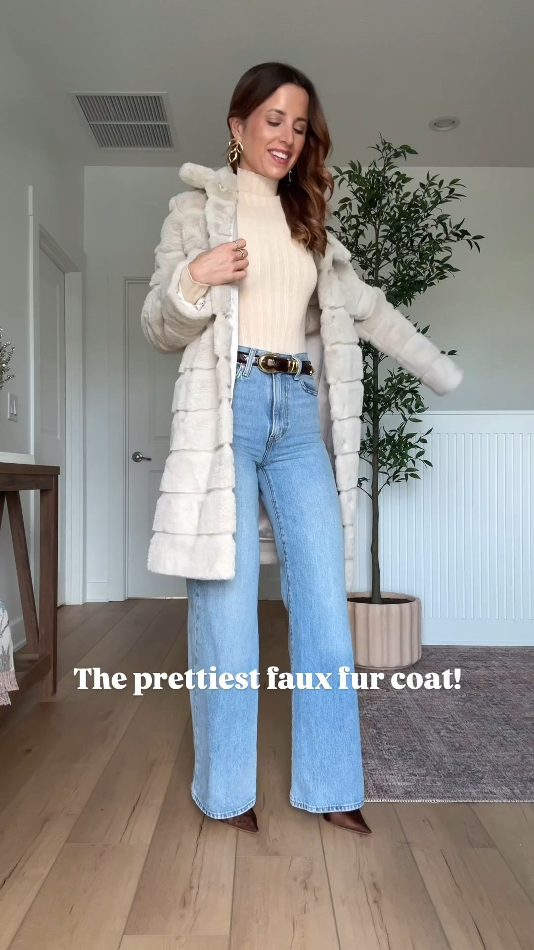 I absolutely love this faux fur coat in XS! Looks insanely expensive + it’s lined and has pockets and buttons all the way up! Levi wide leg rib cage jeans in sz 24, 32” inseam. Quince bodysuit in XS. Madewell belt in XXS. Steve Madden mesh heels - I went up half a size. Winter outfit. Winter style. Holiday party outfit. Christmas party outfit.

#LTKGiftGuide #LTKHoliday #LTKSeasonal