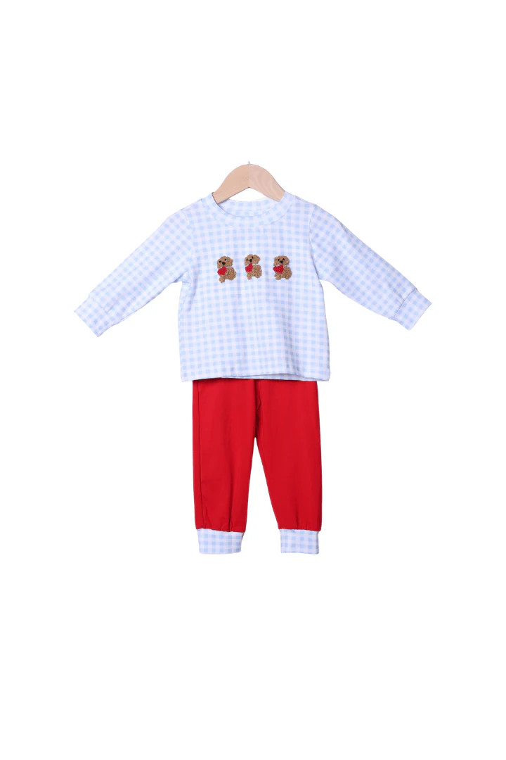 French Knot Puppy Love Embroidered Blue Gingham Jogger Set | The Smocked Flamingo
