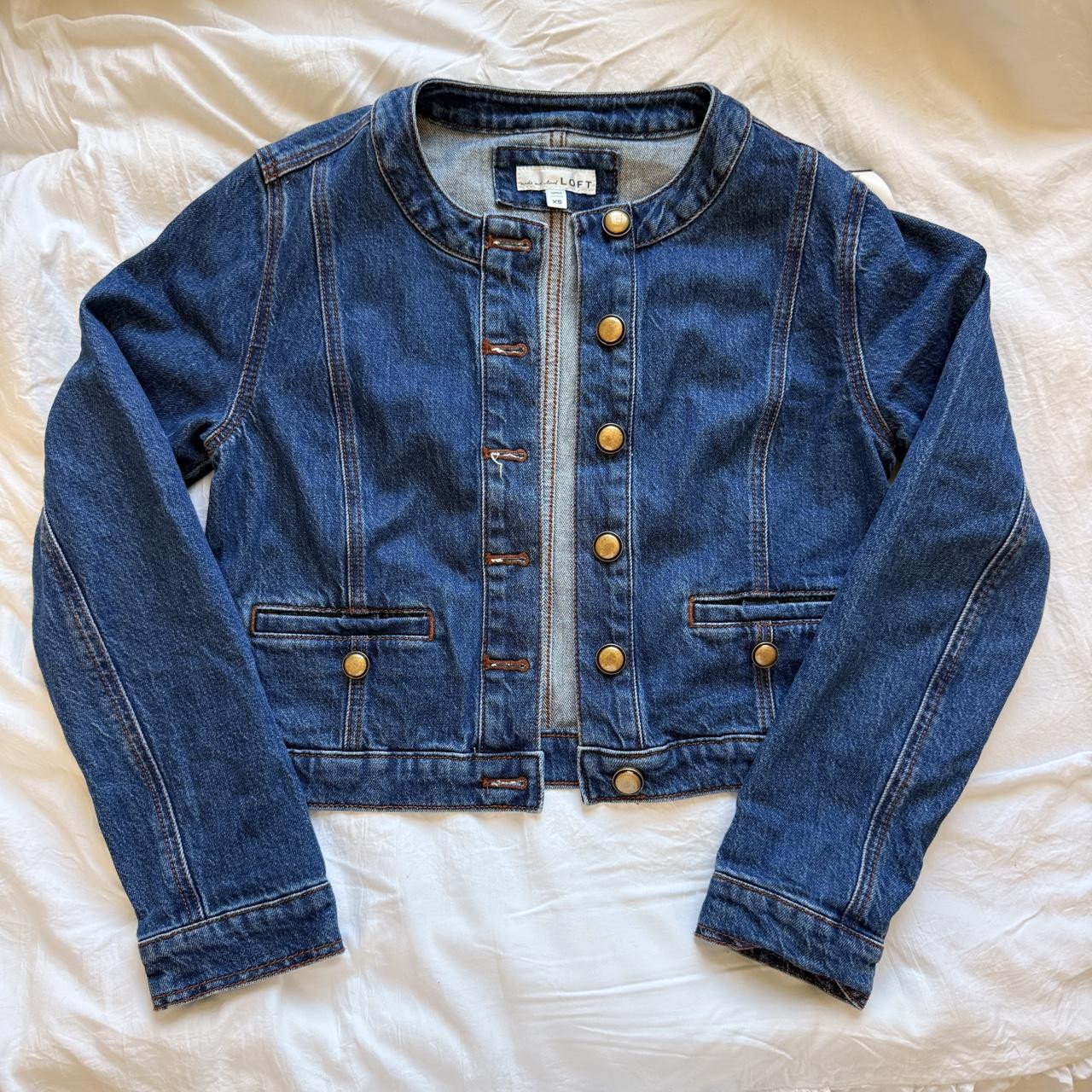 blue denim jacket with gold button details by... | Depop US