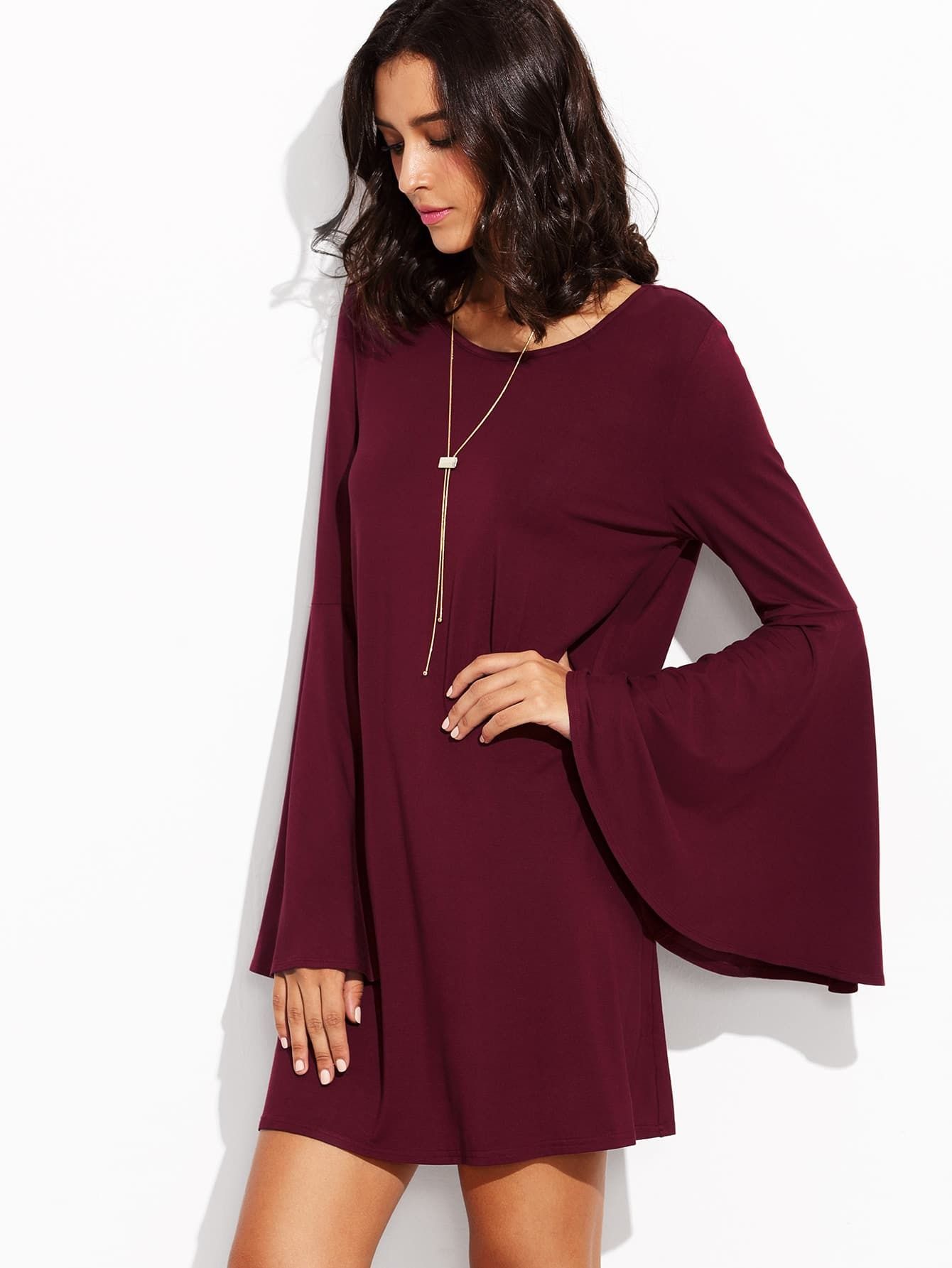 Burgundy Bell Sleeve Shift Dress | SHEIN