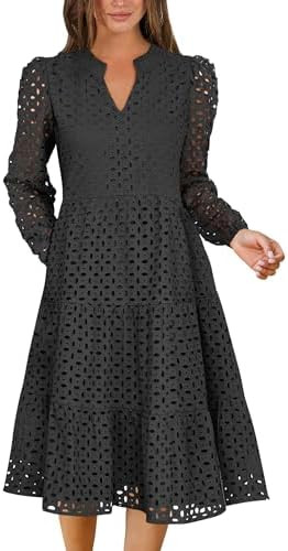 ANRABESS Womens Long Sleeve V Neck MIdi Dresses Hollow Out Eyelet Casual Tiered 2025 Fall Beach V... | Amazon (US)