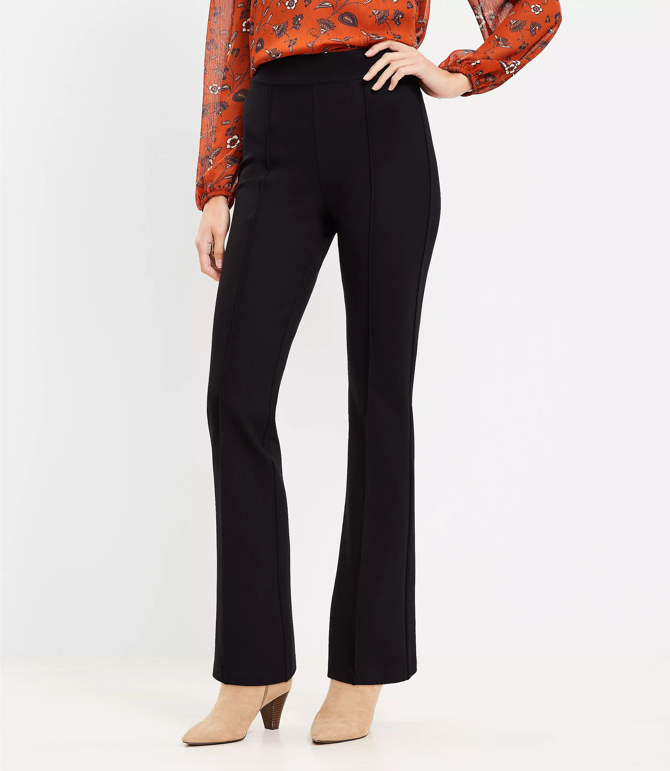 Pintucked Pull On Flare Pants in Sculpting Ponte | LOFT