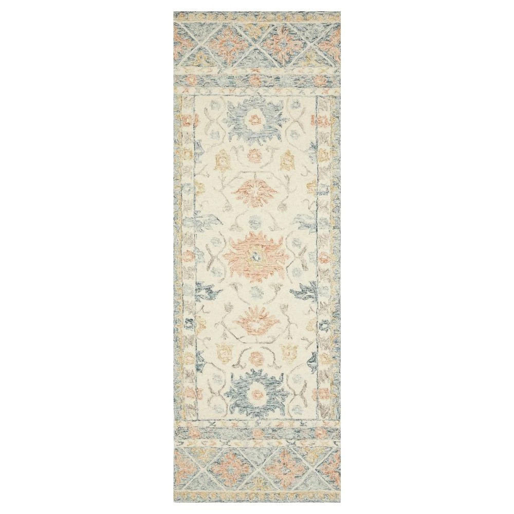 Jareth French Country Ivory Blue Wool Patterned Rug - 2'6"x7'6" | Kathy Kuo Home
