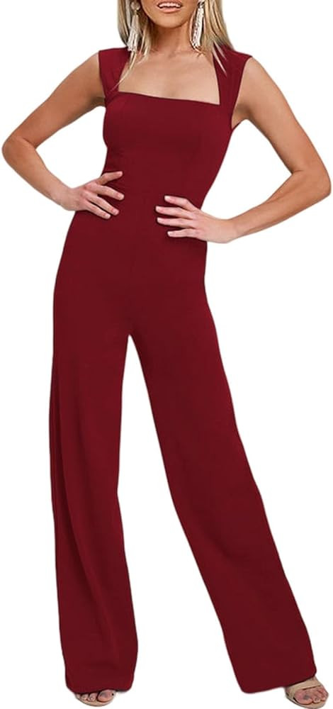 Happy Sailed Womens Square Neck Jumpsuit Summer Sleeveless Wide Leg Pants Rompers Dressy Jumpers ... | Amazon (US)