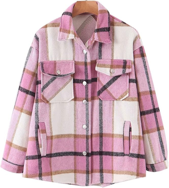 Haellun Women's Wool Blend Plaid Flannel Button Down Shacket Shirts Jacket Coats | Amazon (US)