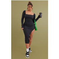 Shape Black Brushed Rib Square Neck Split Side Midi Dress | PrettyLittleThing US