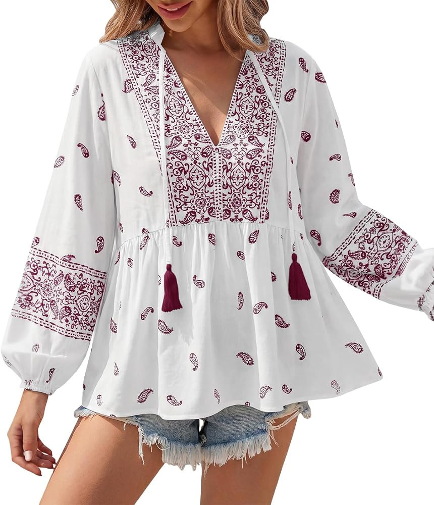 Tankaneo Womens Boho Babydoll Tops Long Sleeve Flowy Peasant Blouses Shirts | Amazon (US)