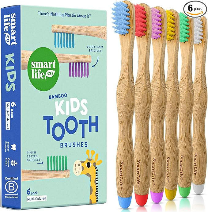 Kids Bamboo Toothbrushes (6 Pack) - Extra Soft Bristles For Toddlers Teeth | Zero Waste Biodegrad... | Amazon (US)
