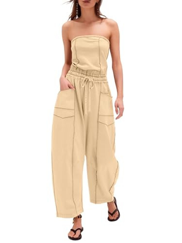 Sexyasasii Strapless Jumpsuits for Women Casual Strapless Summer Jumpsuit Off the Shoulder Long Wide Leg Pants One Piece Outfits with Pockets | Amazon (US)