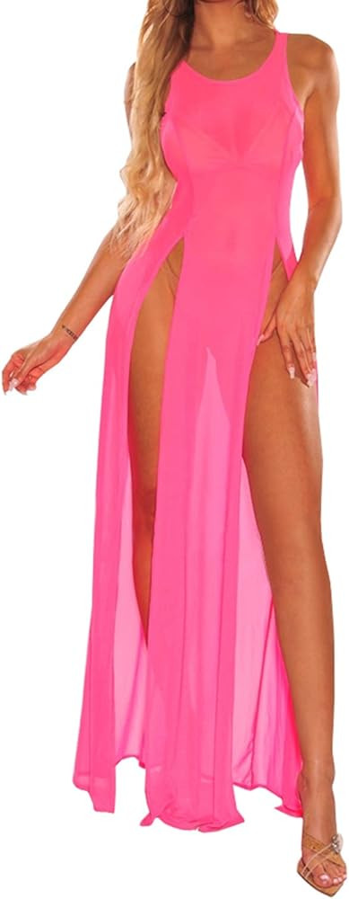 Sexy Mesh Swimsuit Cover Up Dresses for Swimwear Women Sheer Beach Split Maxi Dresses | Amazon (US)