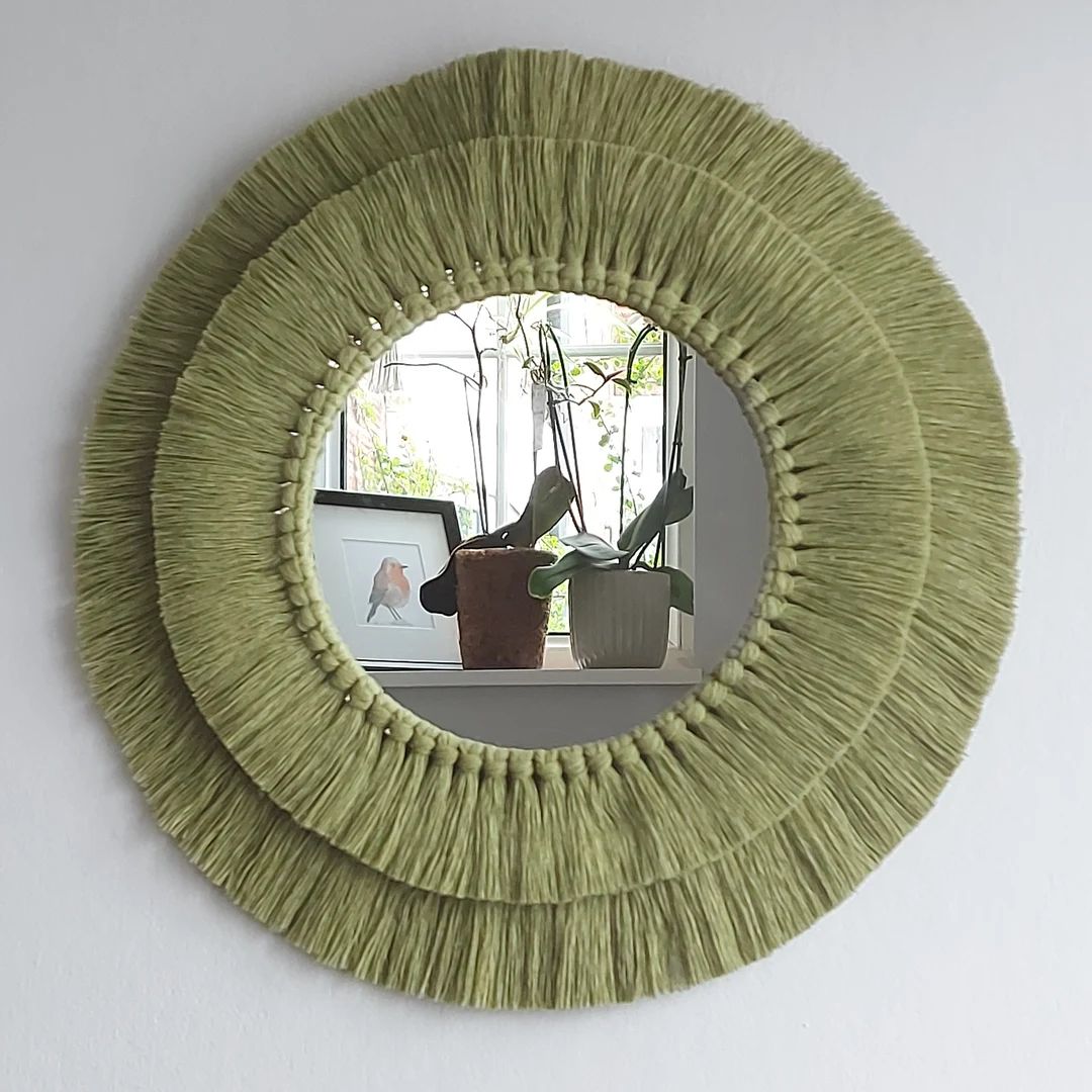 Sage green macrame mirror, Fringed green macrame mandala mirror, Sage green home decor | Etsy (US)