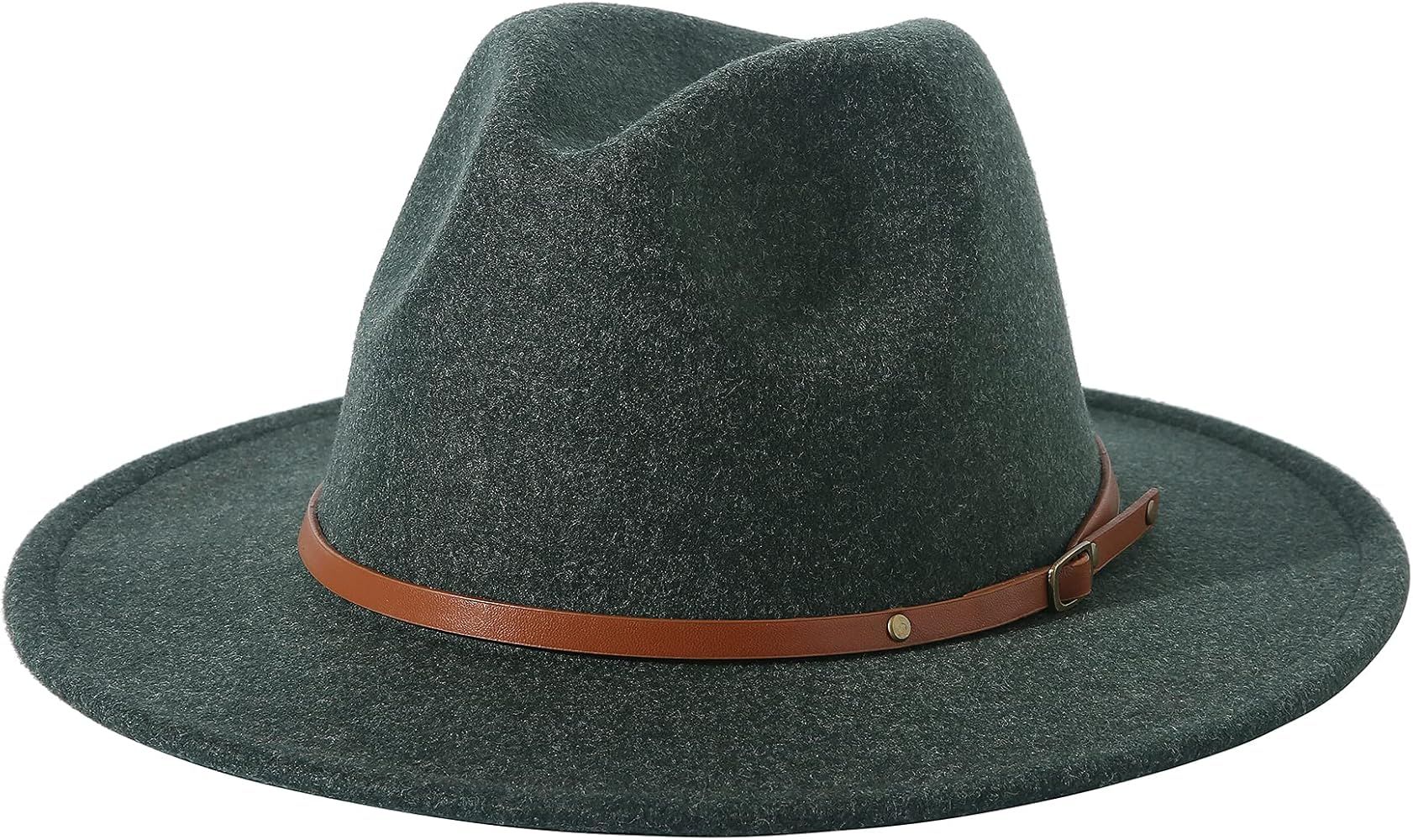 Lanzom Women Lady Classic Wool Fedora Hat with Belt Buckle Felt Wide Brim Panama Hat | Amazon (US)