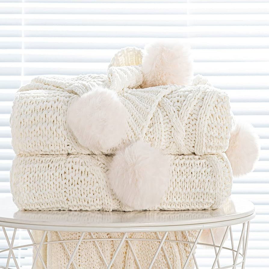 Chunky Knit Blanket with pom poms- Thick, Soft, Big, Cozy Throw Blankets for Couch, Bed, Sofa, Ch... | Amazon (US)