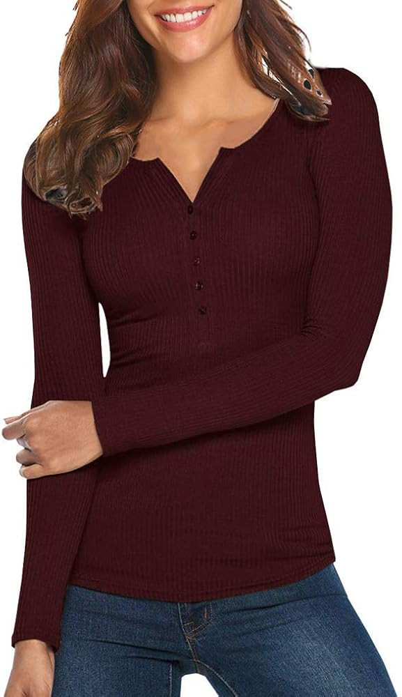 Tobrief Women's Henley Shirts Long Sleeve V Neck Ribbed Button Down Knit Sweater Fitted Tops | Amazon (US)