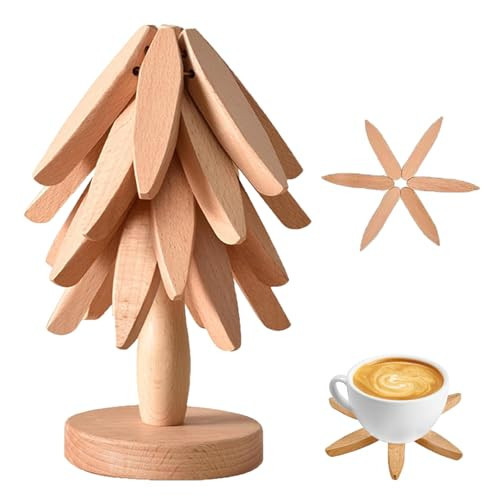Wooden Trivets for Hot Dishes, Foldable Kitchen Trivet, Tree Shape Trivets Set - 4 Trivet & 1 Stand, for Hot Pots Pans, Teapots, Frying Pans, Decoration (Beech Wood) | Amazon (US)