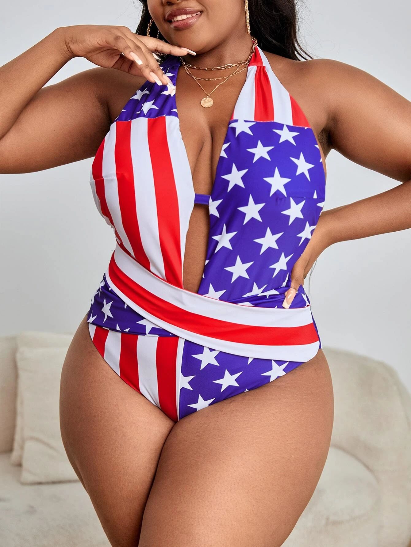Plus Americana Print Cut Out One Piece Swimsuit
   SKU: sf2205167317977438     US$17.00          ... | SHEIN