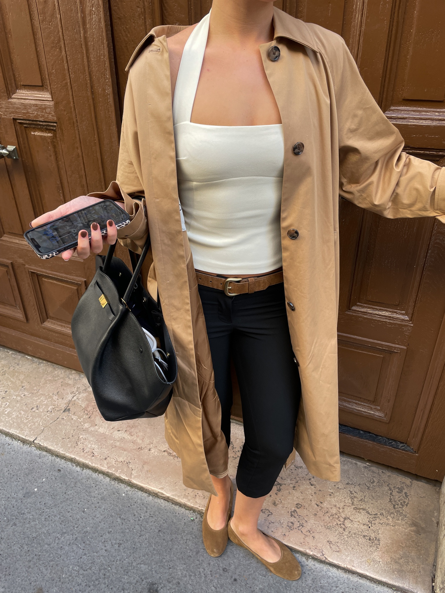 Paris outfit, paris outfit inspo, City ootd, suede ballet flats, suede belt, trench coat outfit, trench coat inspo, demellier London bag, demellier New York bag, cream halter neck top, mango belt, mango suede, black tote bag, cos trench coat 

#LTKautumn #LTKeurope #LTKuk