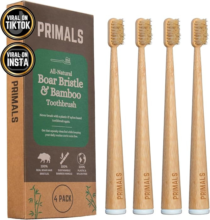 PRIMALS Boar Bristle & Bamboo Toothbrush (4-Pack) - Premium Boar Bristles - Fully Biodegradable -... | Amazon (US)
