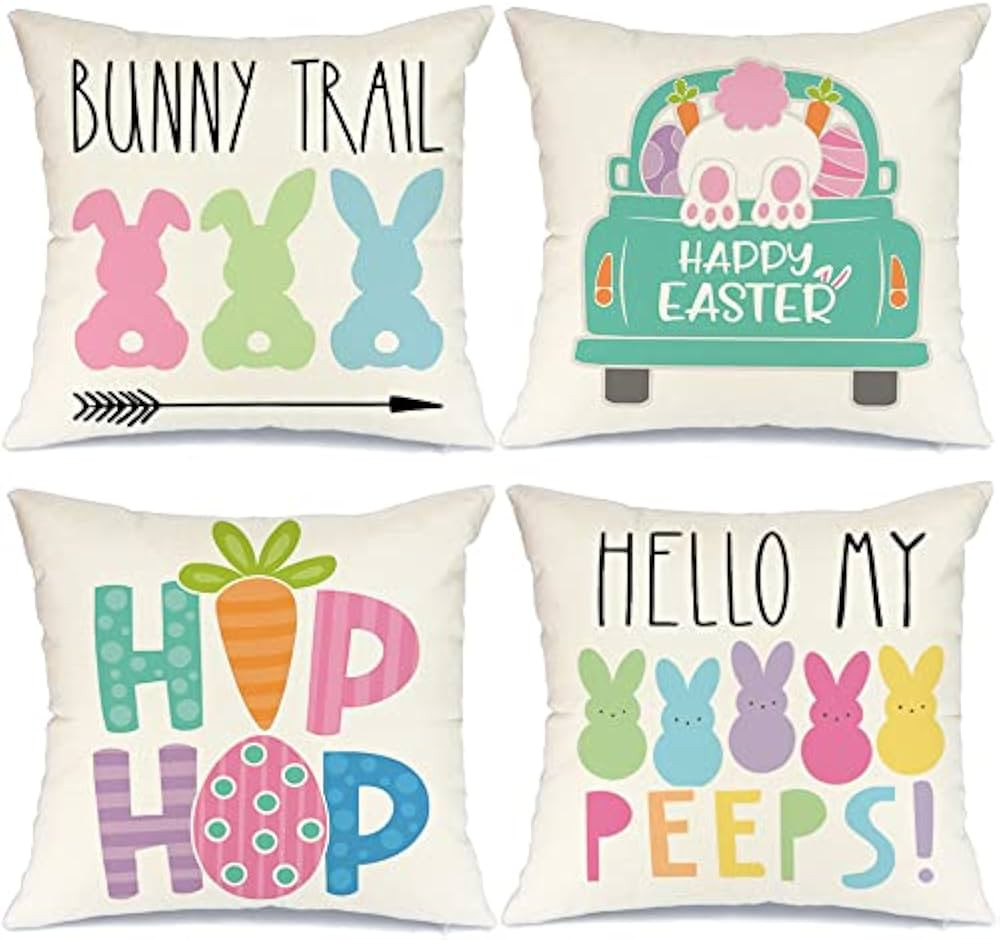 GEEORY Easter Pillow Covers 18x18 Set of 4 Easter Decorations for Home Bunny Truck Hello Peeps Hi... | Amazon (US)