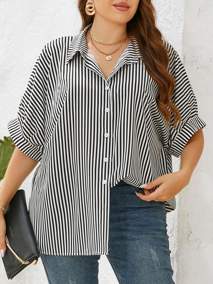 SHEIN Essnce Plus Striped Print Batwing Sleeve Shirt | SHEIN