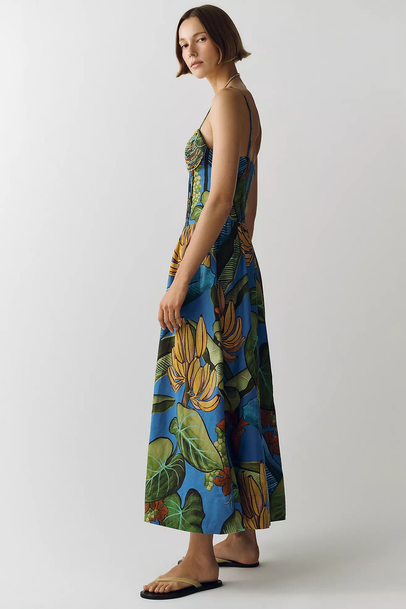 Farm Rio Linen Basque-Waist Midi Dress | Anthropologie (US)