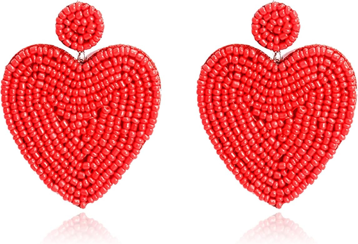 Valentines Earrings for Women Girls Bohemian Beaded Big Heart Dangle Earrings Statement Handmade See | Amazon (US)