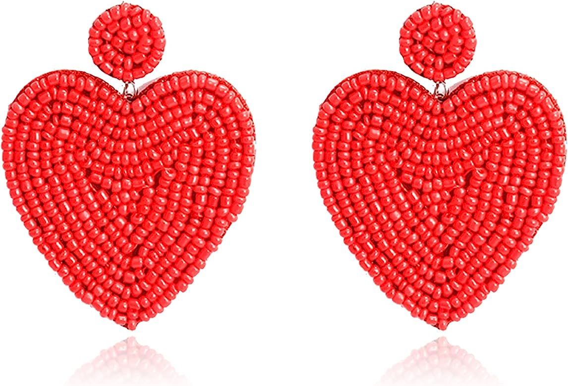 Valentines Earrings for Women Girls Bohemian Beaded Big Heart Dangle Earrings Statement Handmade See | Amazon (US)