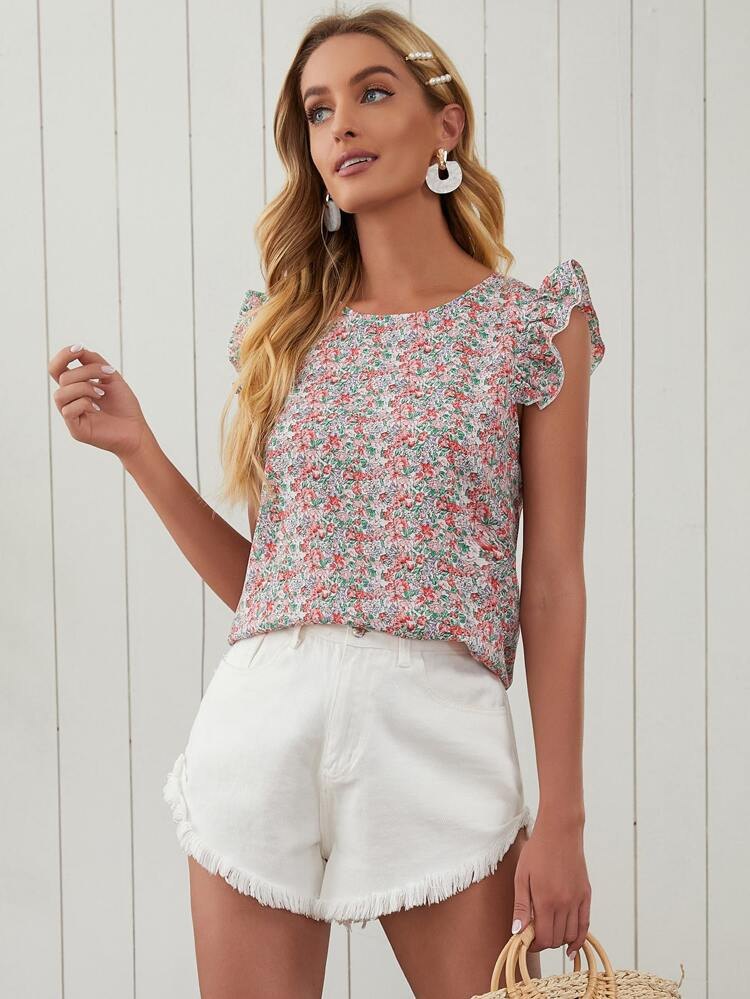 SHEIN Ruffle Trim Ditsy Floral Top | SHEIN