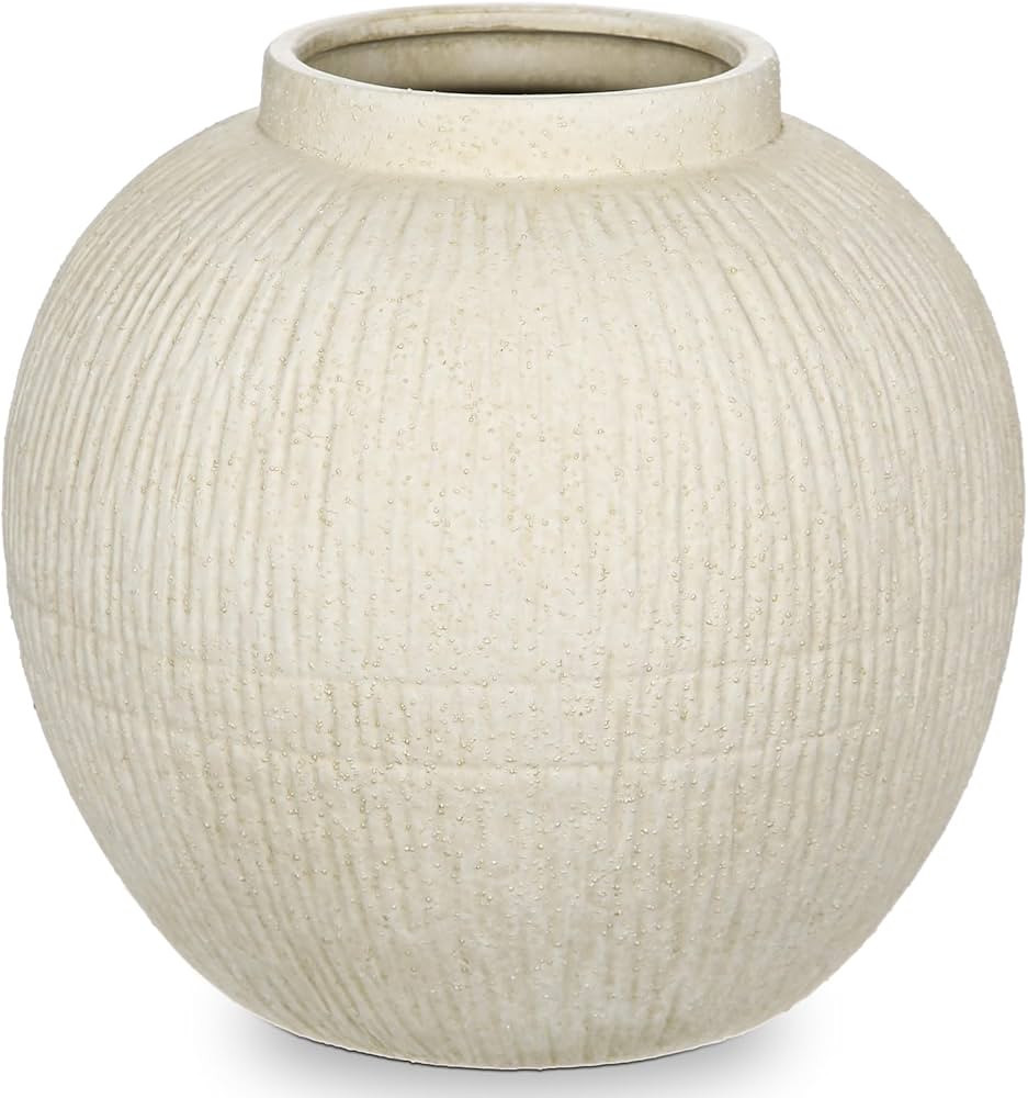 9" Large Rustic Vase with Linear Sculpture and Rich Sand Texture, Round Ceramic Vase with Wide Be... | Amazon (US)