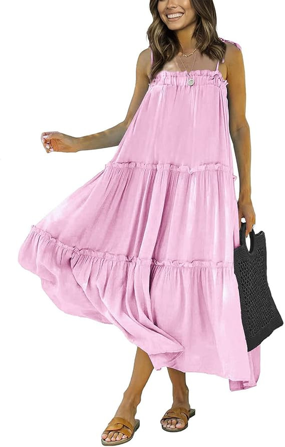 BTFBM Women 2023 Summer Maxi Dresses Sleeveless Spaghetti Strap Casual Sundress Tiered Ruffle Boh... | Amazon (US)