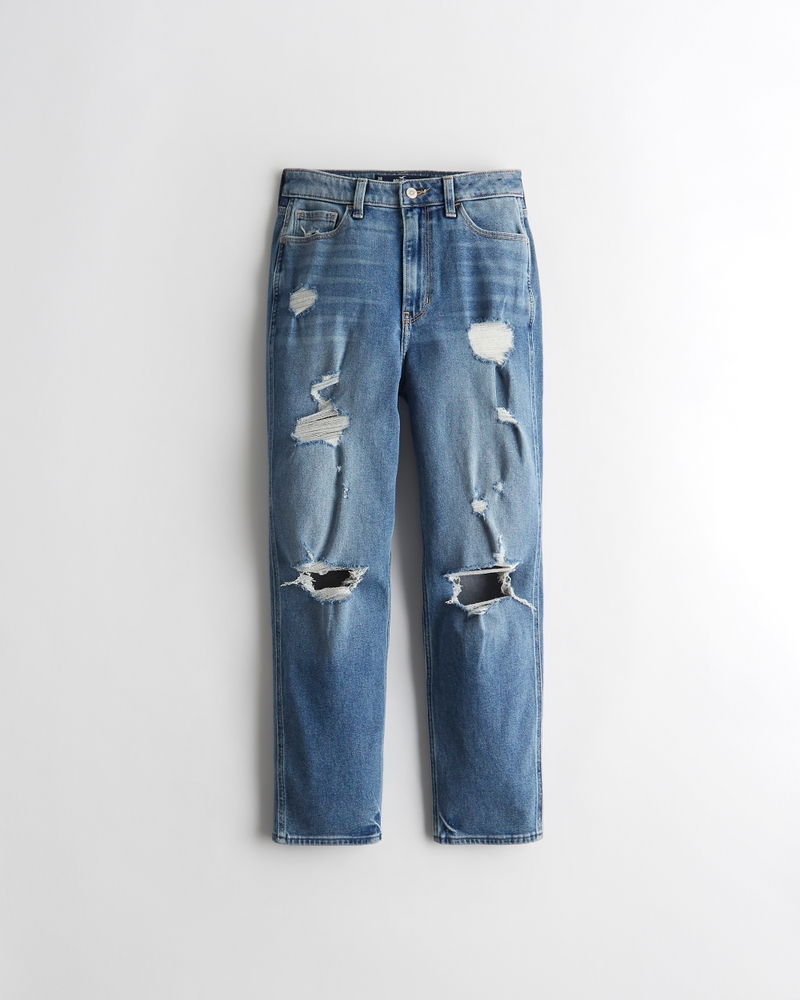 Ultra High-Rise Ripped Medium Wash Mom Jeans | Hollister (US)