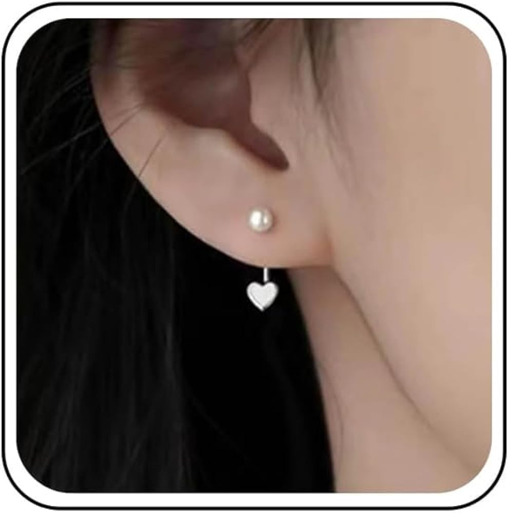Vintage Pearl Heart Ear Jacket Earrings Silver Tiny Pearl Stud Earrings Small Heart Floating Earr... | Amazon (US)