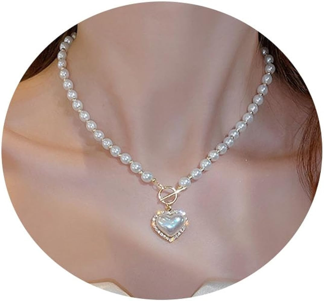 Pearl Heart Necklace Heart Choker Pendant for Women,Y2k Dainty White Love Pearl Beaded Necklace C... | Amazon (US)