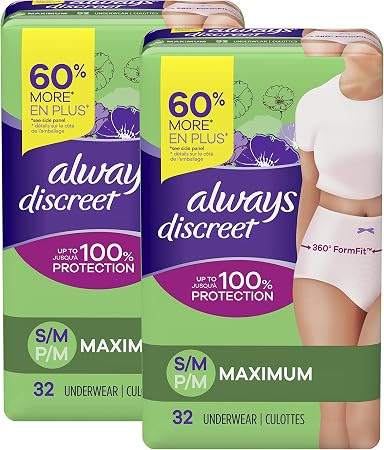 Always Discreet Incontinence & Postpartum Incontinence Underwear for Women, Small/Medium, Maximum... | Amazon (US)