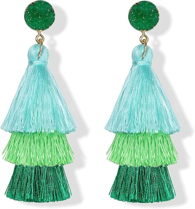 FIBO STEEL Colorful Tassel Earrings for Women Layered Bohemian Earrings, Big Statement Tiered Fri... | Amazon (US)