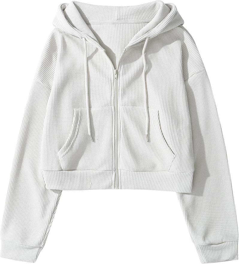Gihuo Women’ s Waffle Knit Hoodie Long Sleeve Cropped Hooded Sweatshirts Zip Up Fashion Jacket ... | Amazon (US)