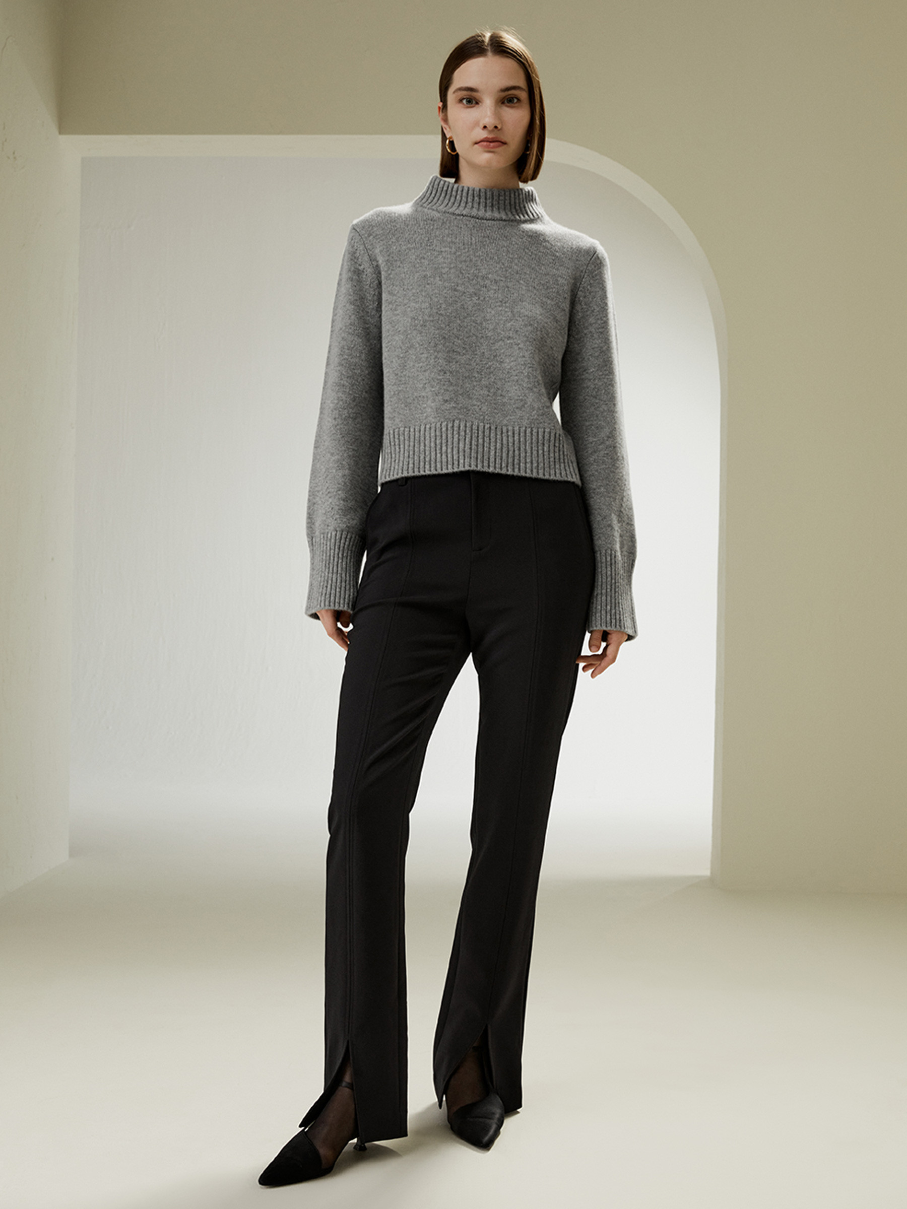 Ribbed Collar and Hemline Wool Cashmere Sweater | LilySilk