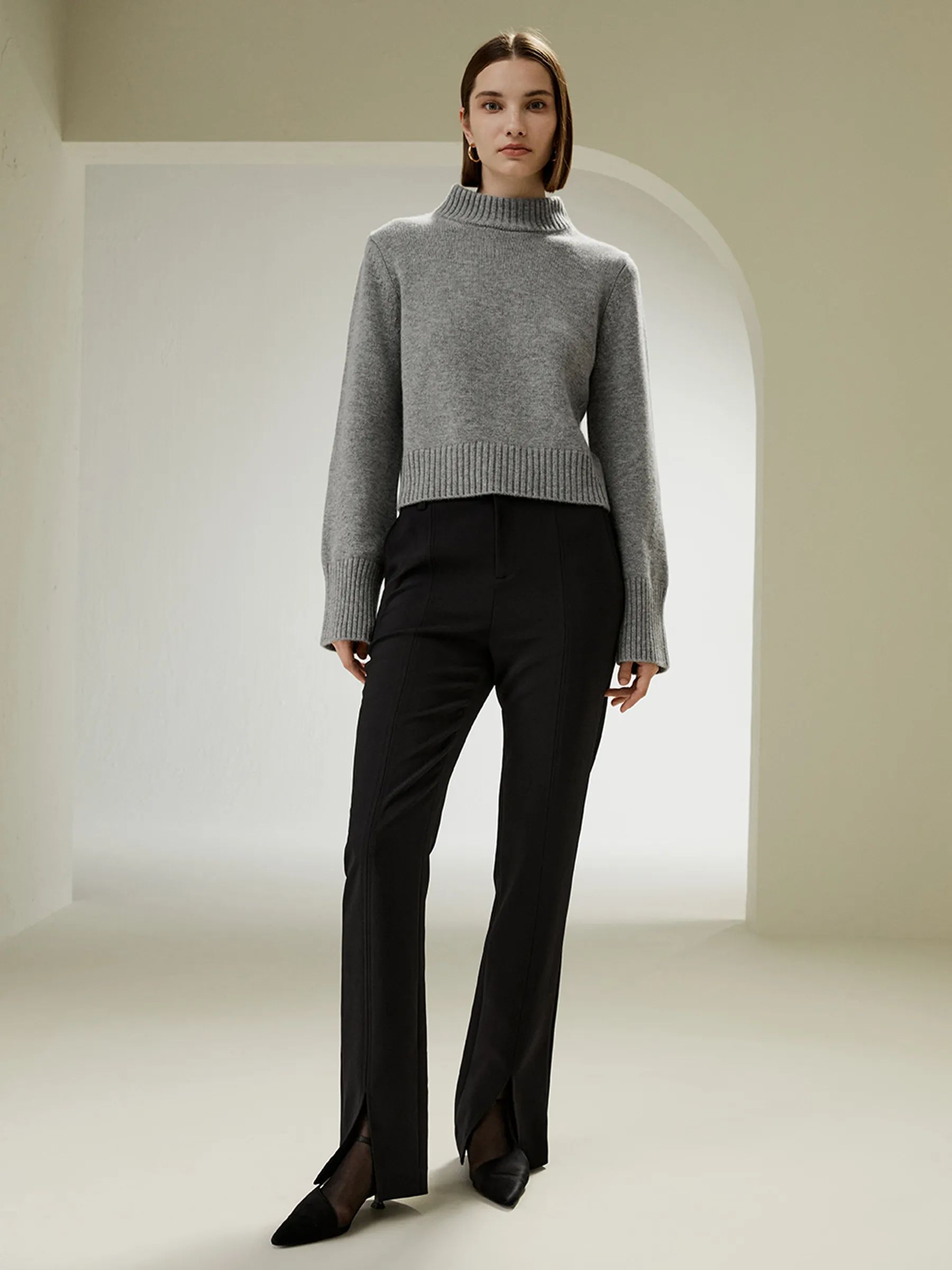 Ribbed Collar and Hemline Wool Cashmere Sweater | LilySilk