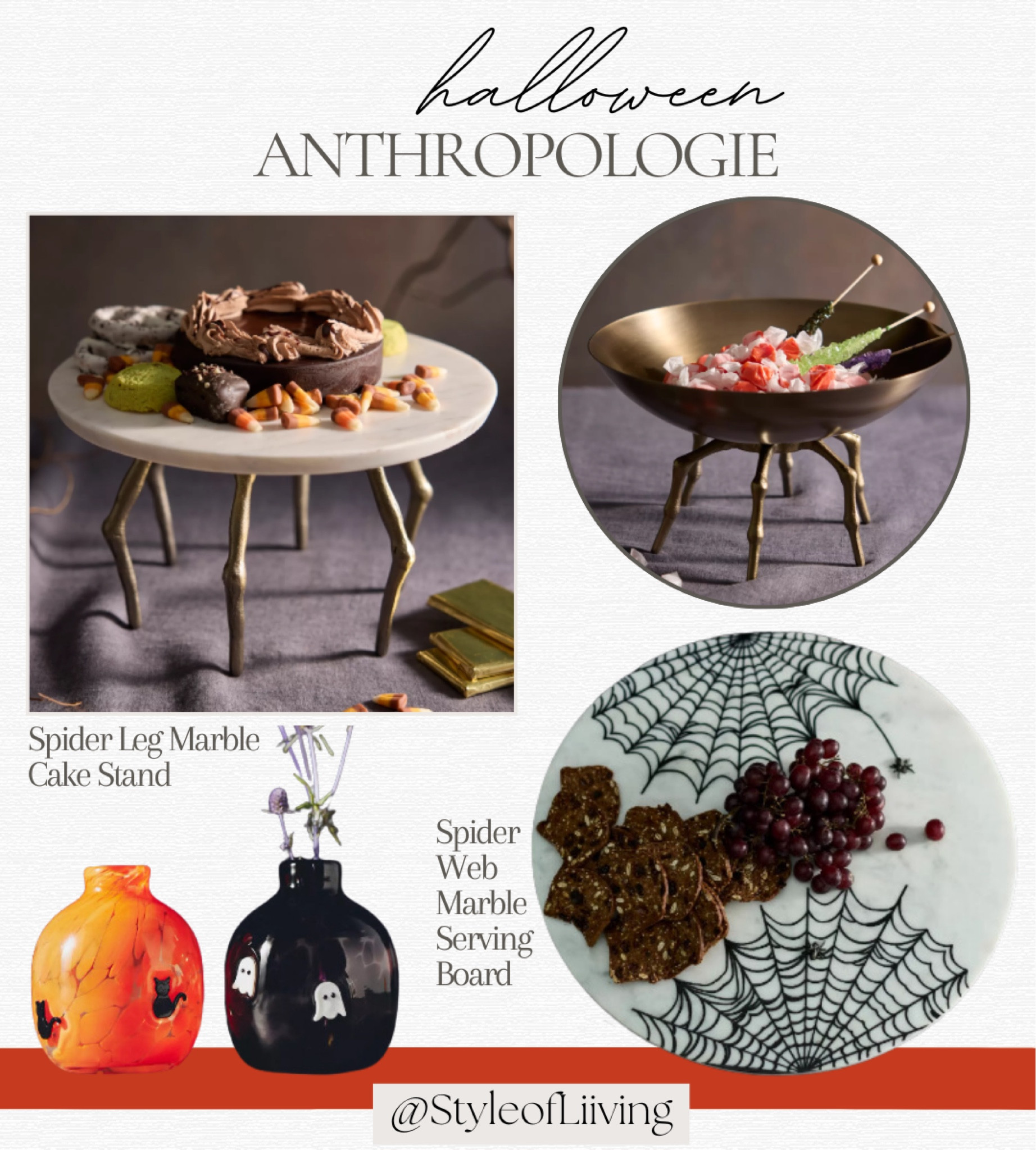 Halloween Anthropologie home decor and kitchen dining serveware. Marble cake stand with spider legs, spider web marble serving board, Halloween bud vases, candle bowl.

#LTKHome #LTKHalloween #LTKStyleTip
