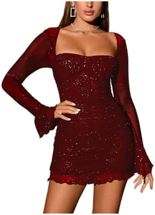 Women's Sheer Long Sleeve Sequin Bodycon Mini Dress Sexy Sparkly Ruched Mesh Party Going Out Dres... | Amazon (US)
