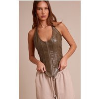 Olive Croc Faux Leather Boned Dip Hem Corset | PrettyLittleThing US