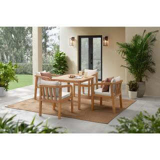 Hampton Bay Orleans 5-Piece Eucalyptus Outdoor Dining Set with CushionGuard Almond Cushions FRN-8... | The Home Depot