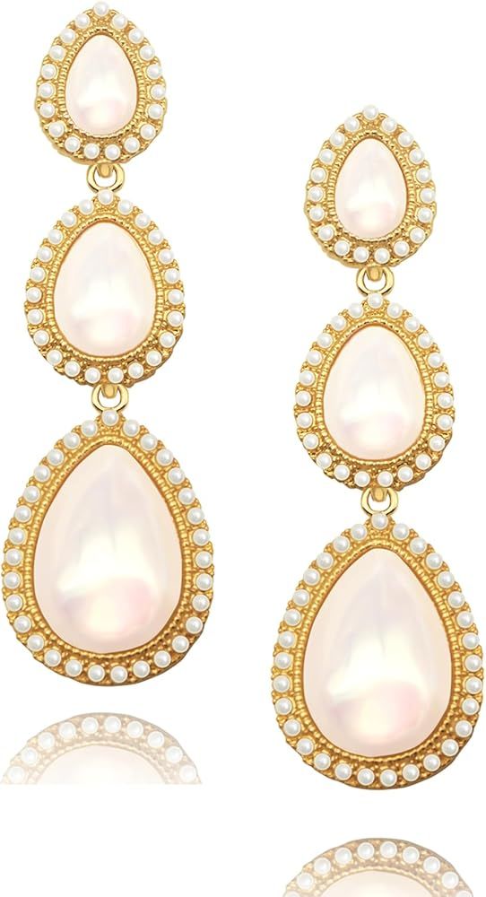 Pearl Drop Earrings for Women 18K Plated Gold S925 Sterling Silver Post Pearl Heart Earrings Dang... | Amazon (US)