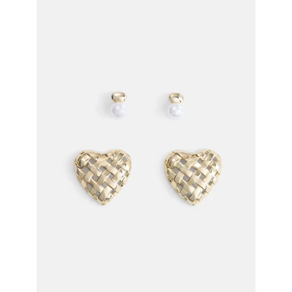 Free Assembly Women's Demi Fine 14K Gold Plated Heart and Simulated Pearl Earring Set, 2-Pair | Walmart (US)