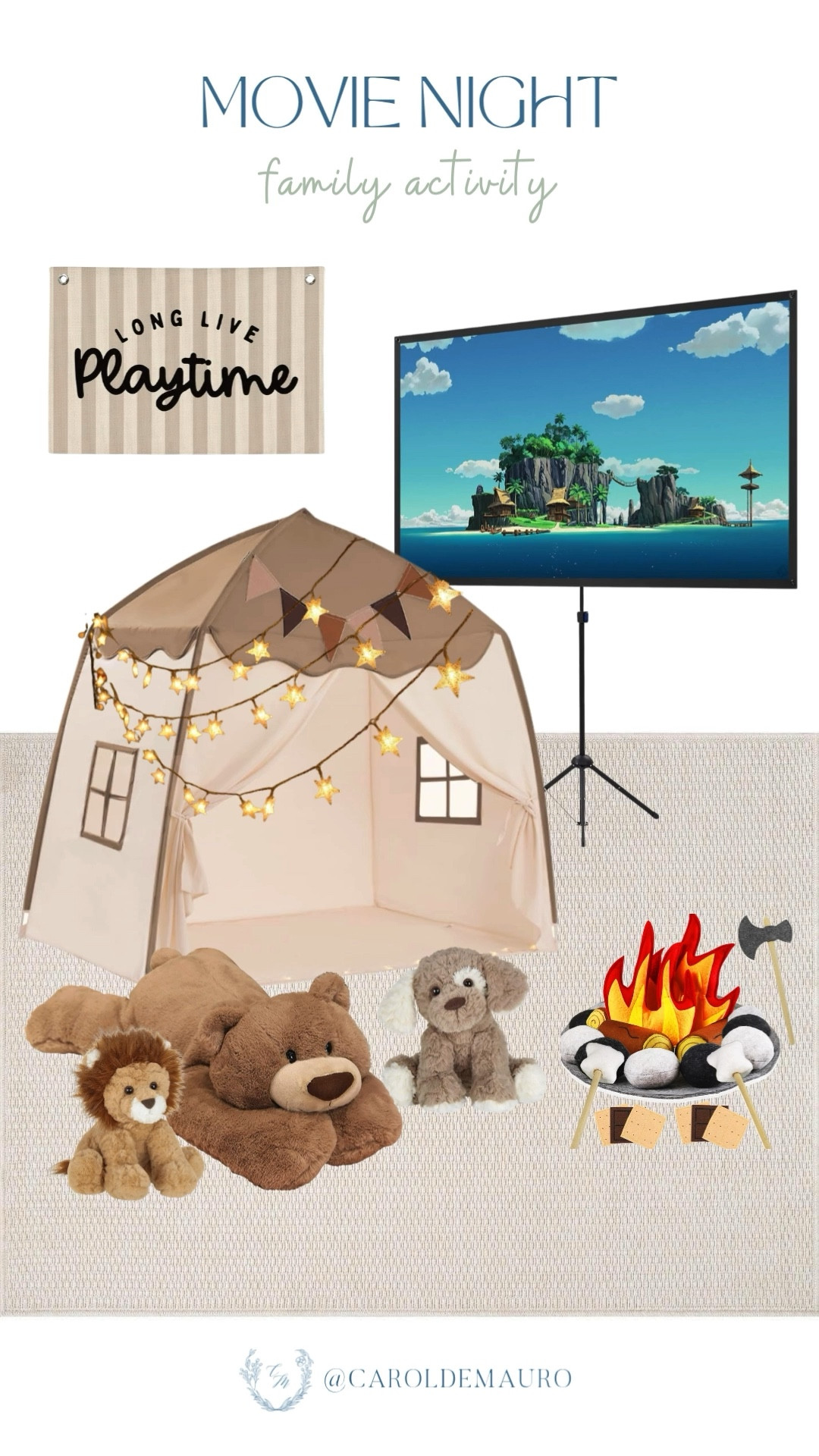 Who needs just a regular movie night when you can bring the campsite indoors, too? This inspo from Amazon can help you set up the perfect evening with a toddler play tent, cute stuffed toys, a movie projector, and decorative pieces.

family activity, bonding essentials, summer activities, cozy home, kid toys, electronic gadgets, nursery room, smart home

#LTKSeasonal #LTKHome #LTKKids